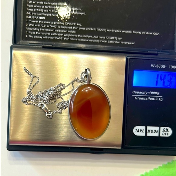 14K White Gold Chain Amber Agate Pendant Necklace 925 Silver - Picture 14 of 15